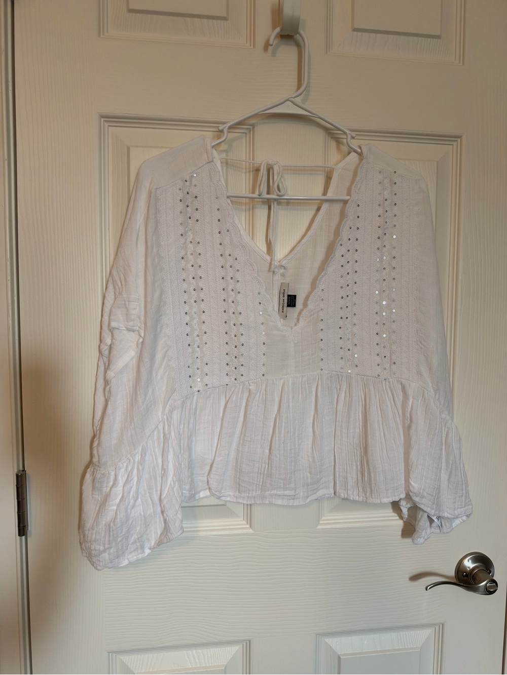 American Eagle Outfitters White Sequin Peasant Tunic
